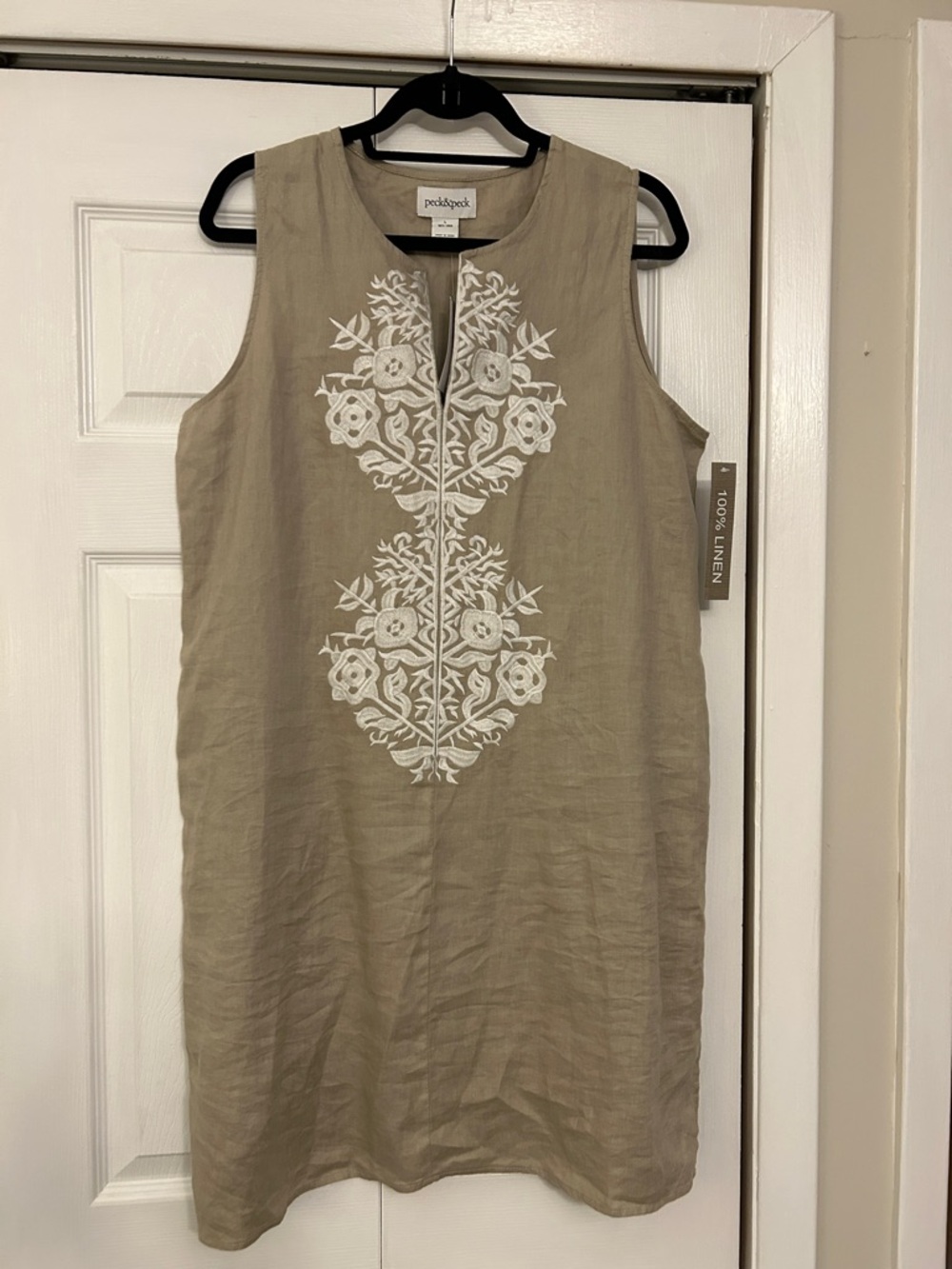 Peck & Peck Tan Linen Sleeveless Dress with White Floral Embroidery